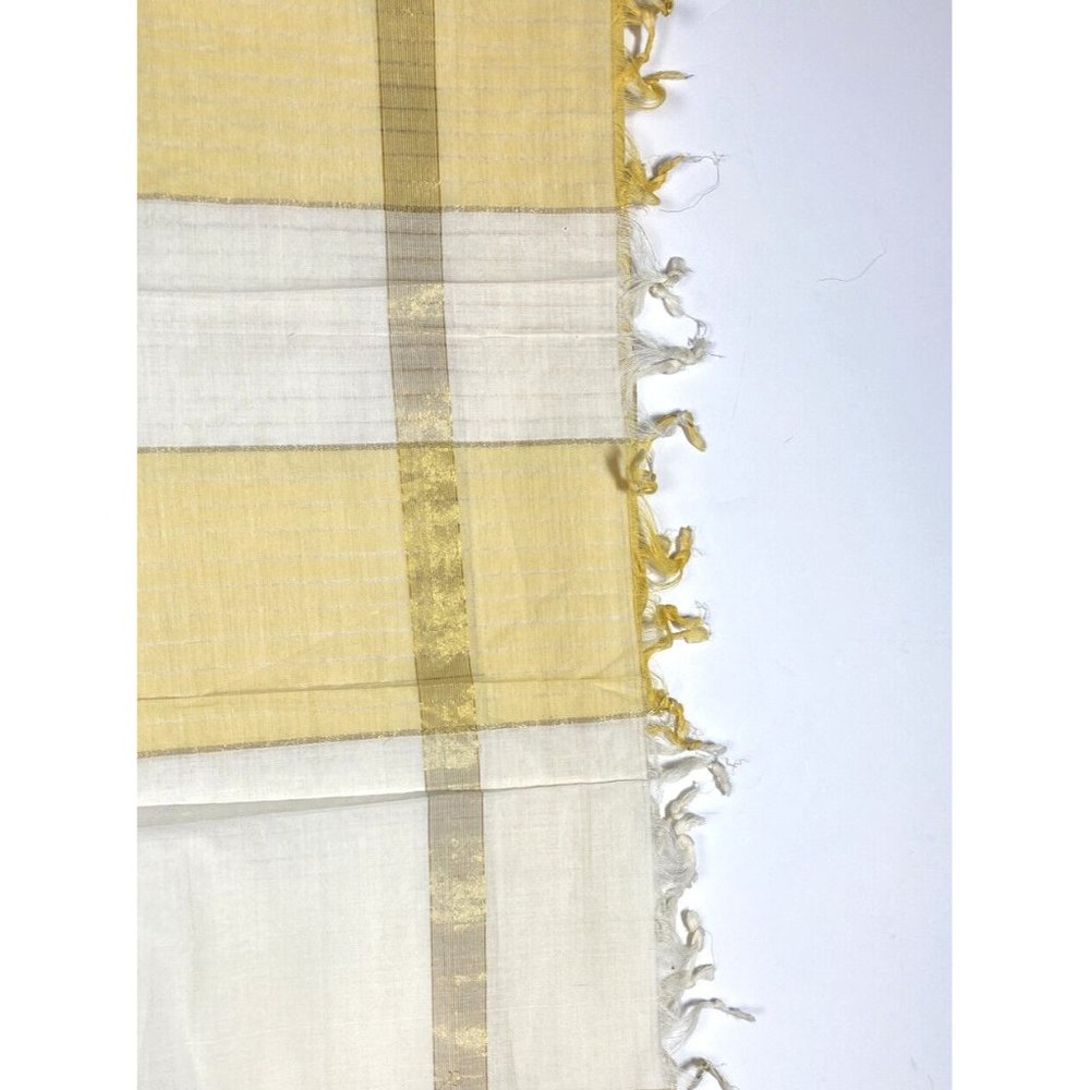 Vintage Gold Yellow White Textile Fabric Plaid Fringe Sari Dupatta Luxury Cloth - Picture 3 of 7